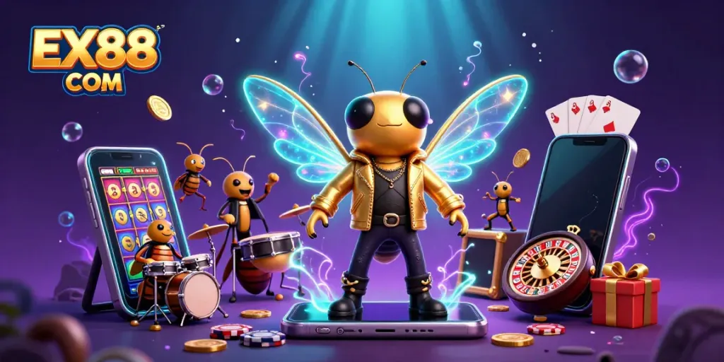 Experience excitement and fun with EX88 COM featuring a 3D cicada rock star amid vibrant gaming elements!