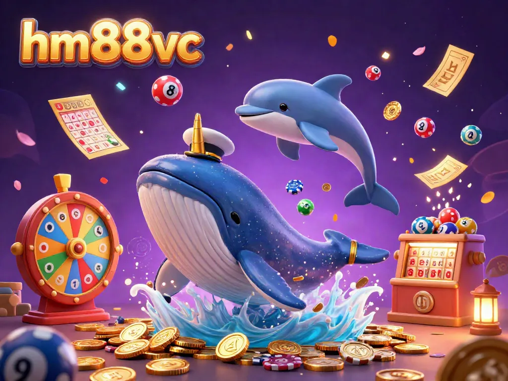 Engage in exciting gameplay with hm88vc as a whale breaches through coins, surrounded by vibrant lottery elements.