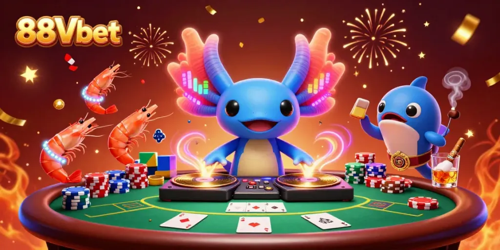 Experience the vibrant excitement of 88Vbet with a dynamic underwater casino scene featuring a DJ axolotl and dancing shrimp.