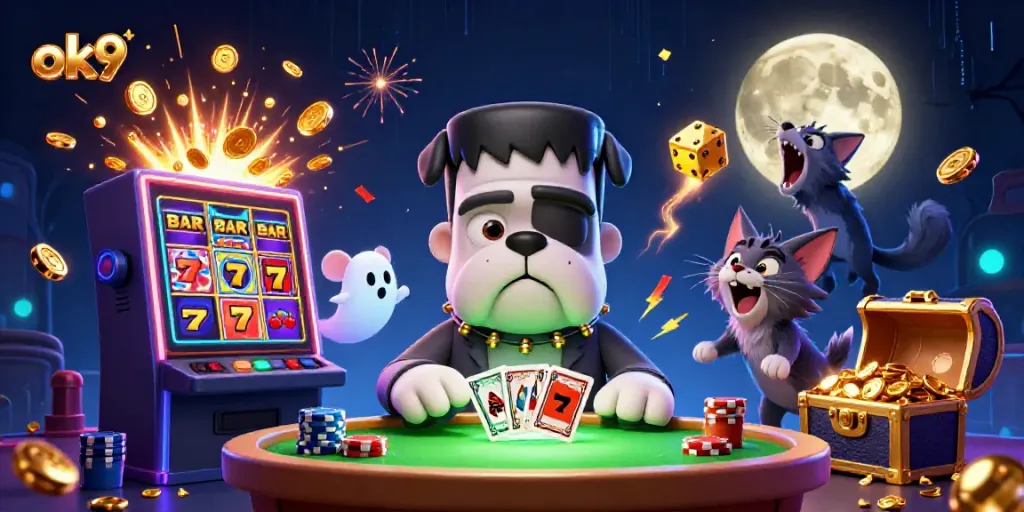 Experience the thrill of ok9 gaming with a spooky 3D casino scene featuring unique characters and vibrant elements.