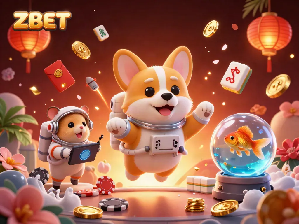 Experience ZBET with a lively scene of an astronaut corgi and friends in a dynamic casino atmosphere.