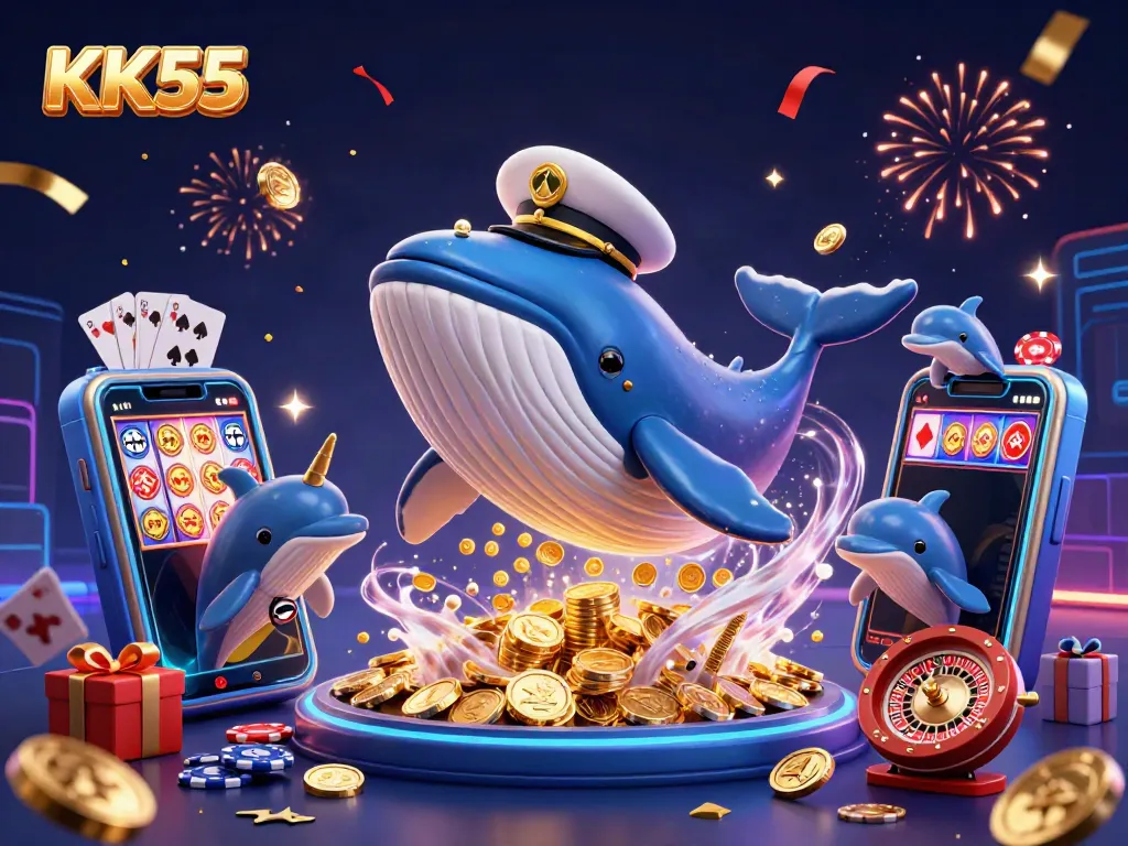 Experience the excitement of KK55 with a spectacular casino scene featuring playful dolphins and a captain whale.