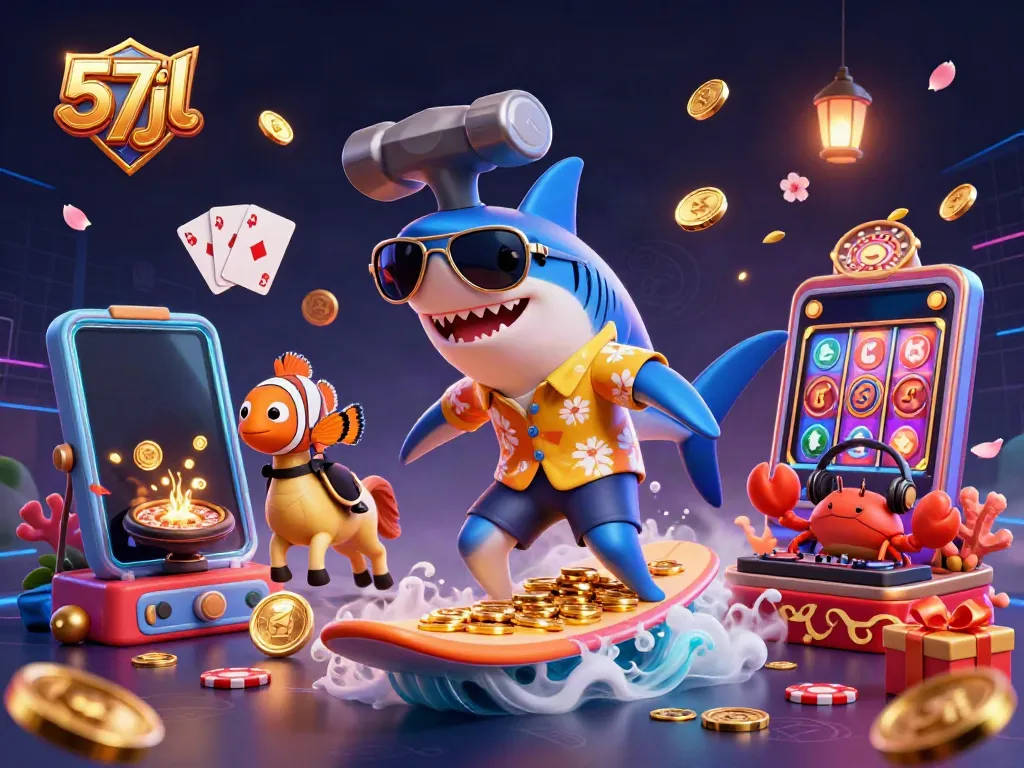 Join the fun with 57jl as vibrant characters surf on gold coins amidst thrilling casino elements.